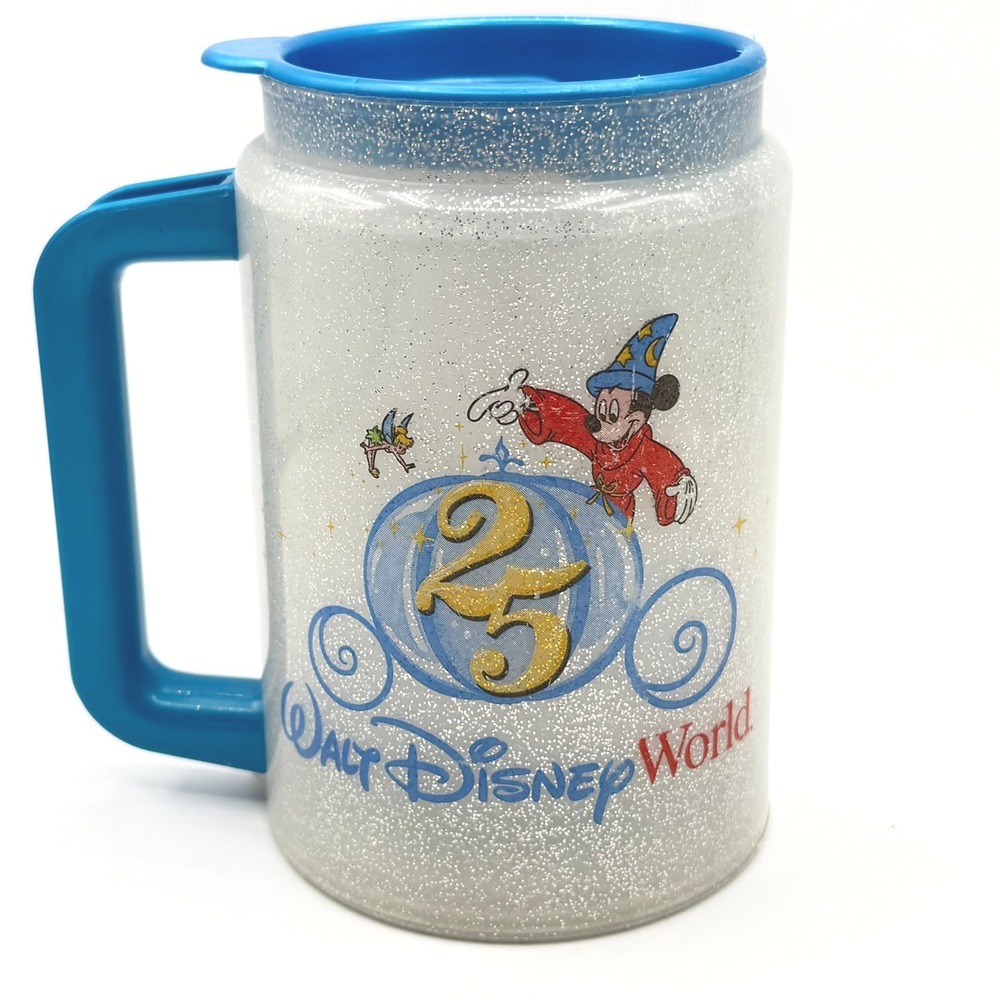 Disney World 25th Anniversary Mug Sorcerer Mickey Blue White Glitter Vintage